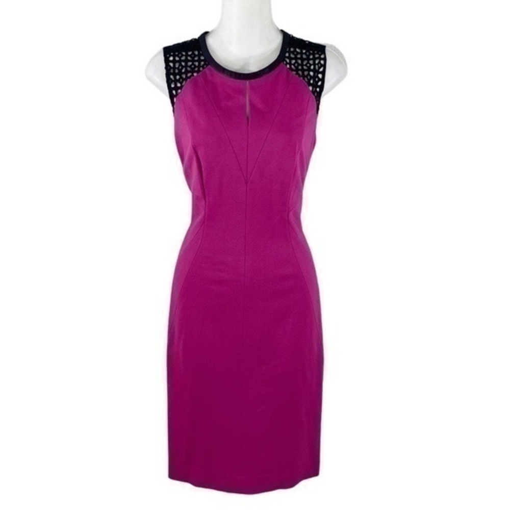 Classiques Entier magenta black eyelet yoke leather trim sheath dress M13